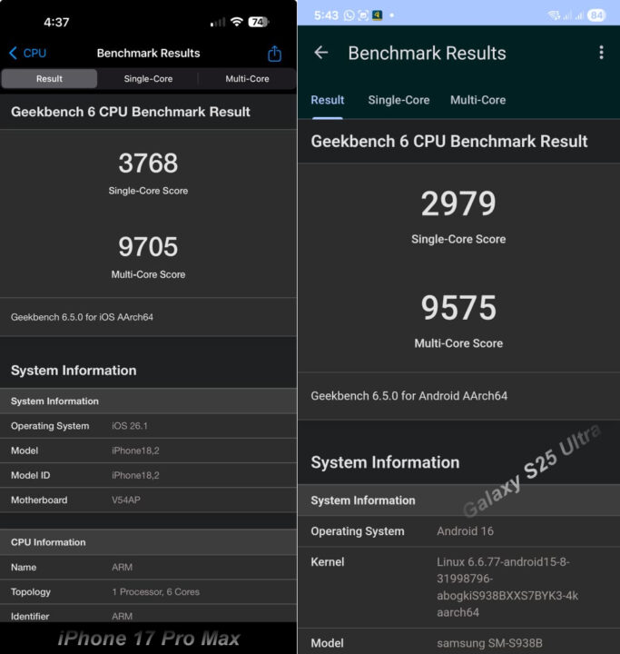 iPhone 17 Pro Max Vs. Samsung Galaxy S25 Ultra Geekbench 6 CPU Benchmark