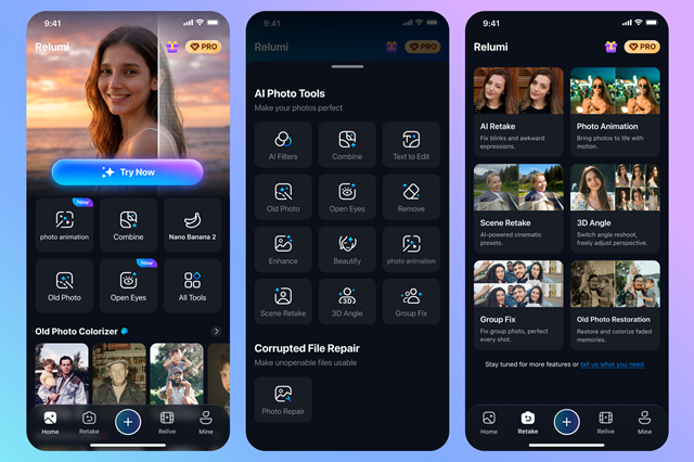 Before-and-after portrait showing a photo with closed eyes corrected using Relumi AI Photo Retake.