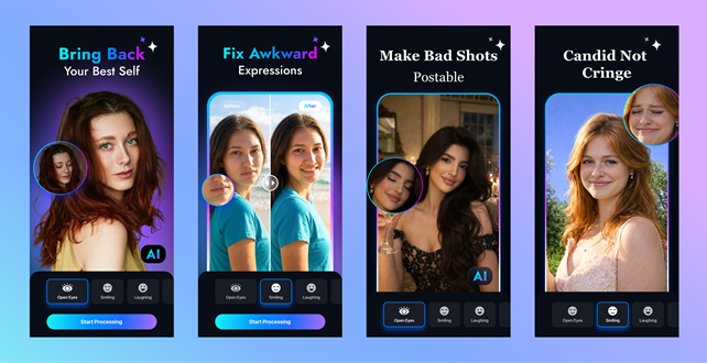 Travel portrait before and after correction with reopened eyes and a more natural facial expression.