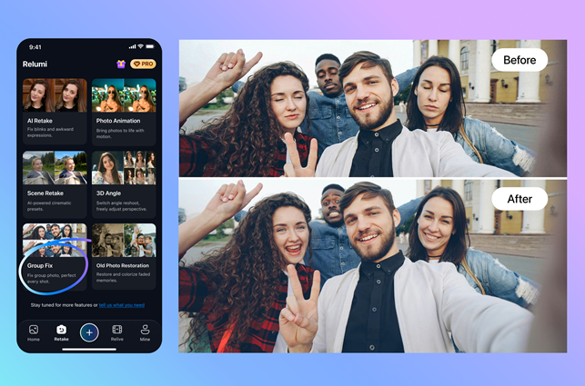 Family group photo with subtle AI corrections to facial expressions and closed eyes.