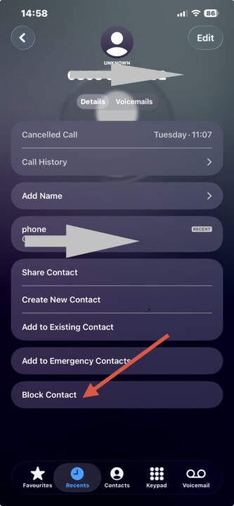 Blocking Individual Numbers on iPhone or iPad 01