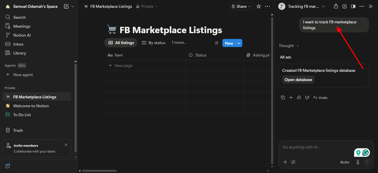 Notion AI Agent for FB Marketplace
