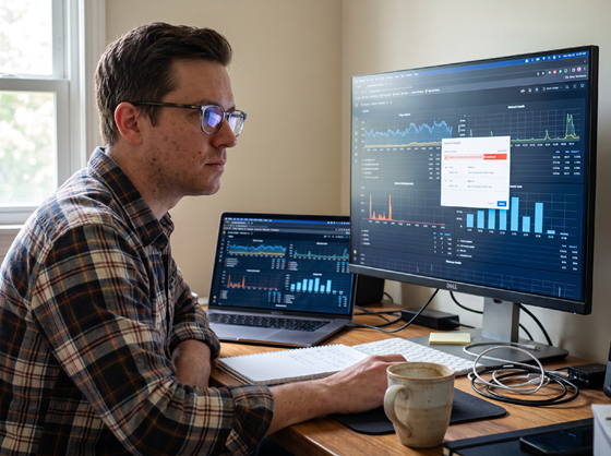 An IT administrator reviewing network performance data to catch issues before they cause downtime.
