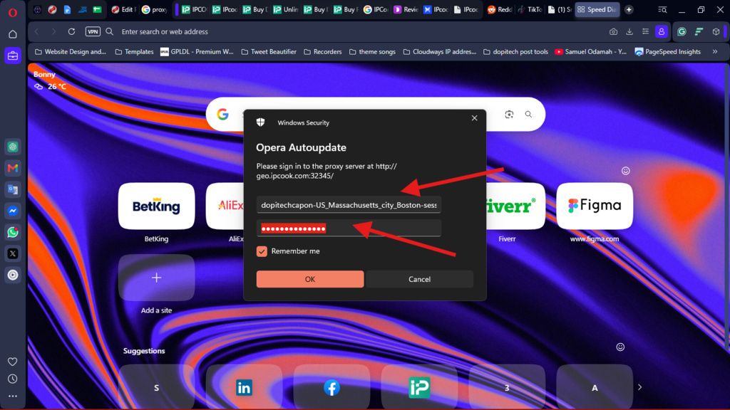 enter proxy username and pass