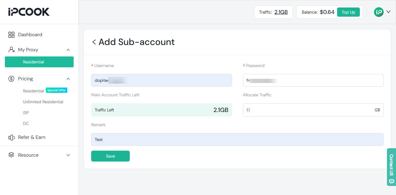 subaccount on IPCook